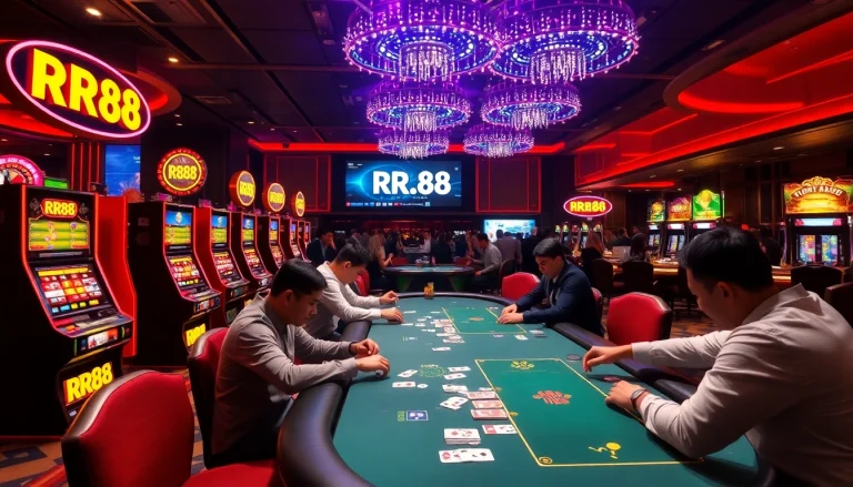 Experience thrilling gambling at RR88's modern casino with vibrant slot machines and focused poker players.