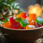 Sample Weed Gummies arranged in a rustic bowl showcasing colorful varieties.