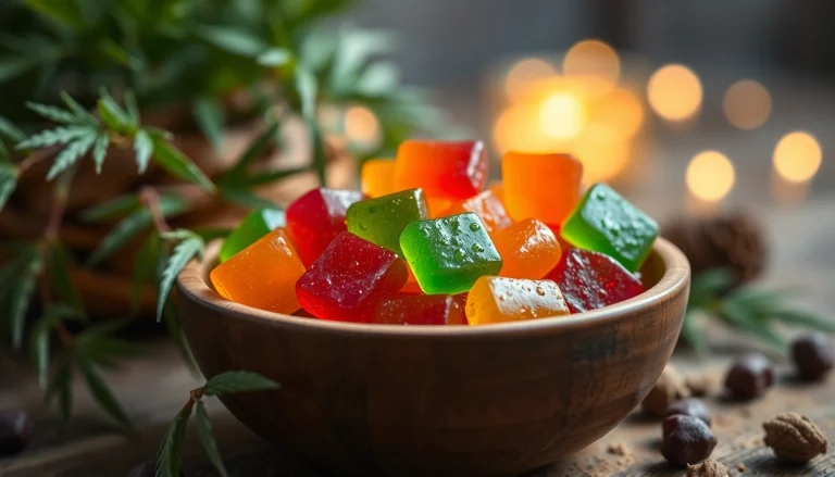 Sample Weed Gummies arranged in a rustic bowl showcasing colorful varieties.