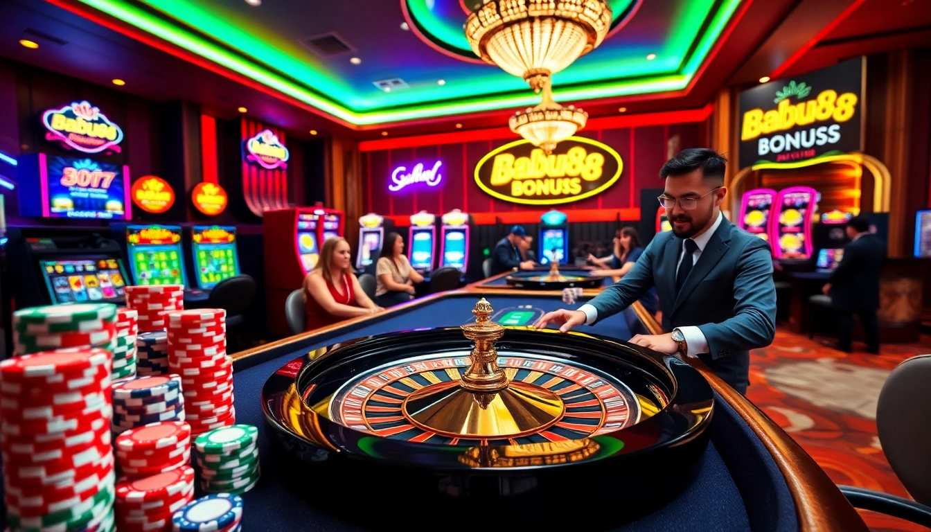Babu88 casino scene showcasing an exciting poker game with vibrant chips and a roulette wheel.