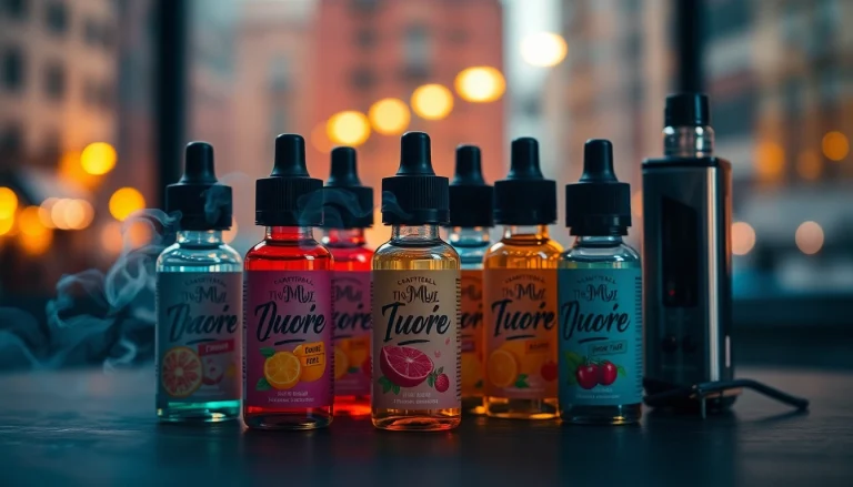 Displaying Vape & E-Liquids in stylish bottles against a blurred urban backdrop.