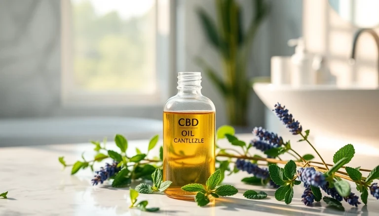 Applying CBD oil for skin in a serene bathroom with fresh herbs enhancing relaxation.