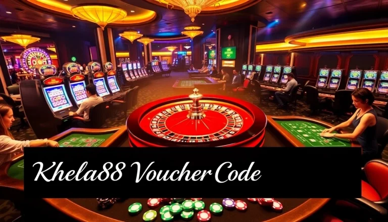 Khela88 voucher code showcased in a luxurious casino scene with roulette and slot machines.