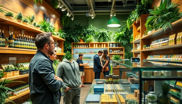 Browse vibrant displays of cannabis products in a welcoming Weed Store atmosphere.