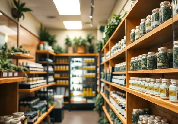 Buy weed UK from a well-organized cannabis shop with natural lighting.