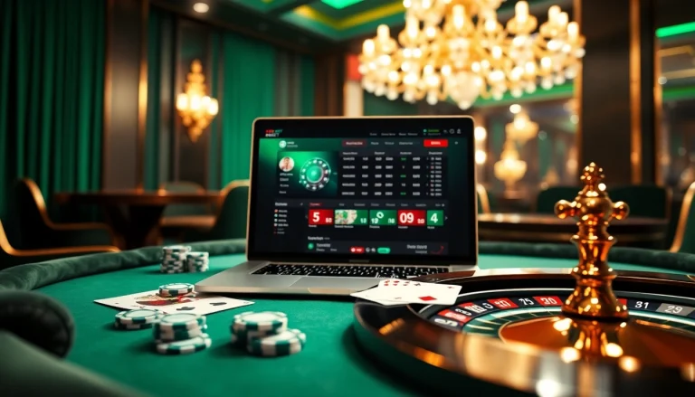 Experience sbobet login through an exciting online casino scene featuring poker chips and a roulette wheel.