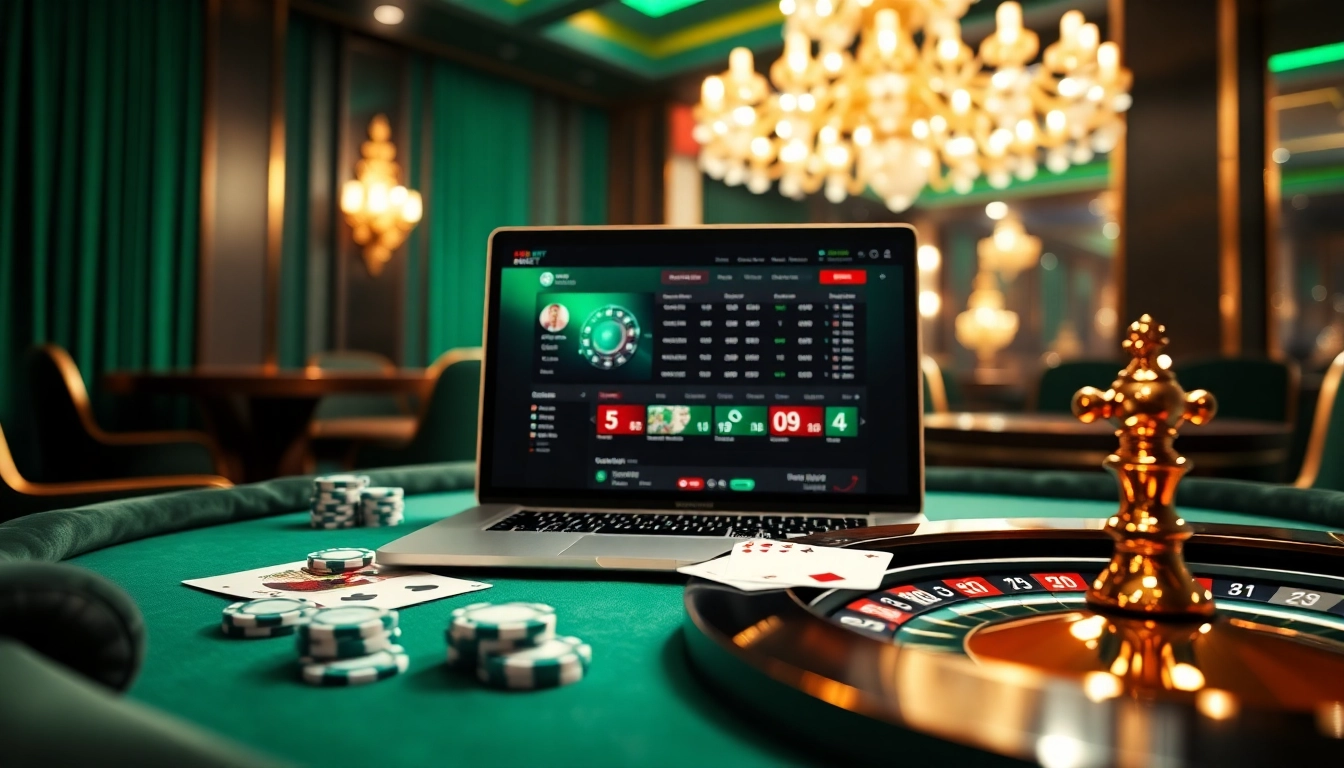Experience sbobet login through an exciting online casino scene featuring poker chips and a roulette wheel.