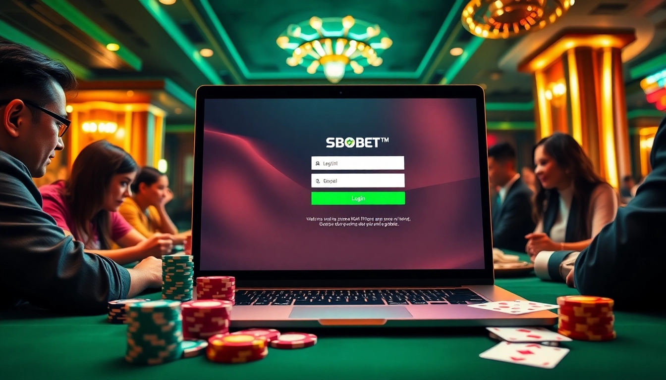 SBOBET login interface displayed on a laptop surrounded by casino chips and cards, inviting players to join.