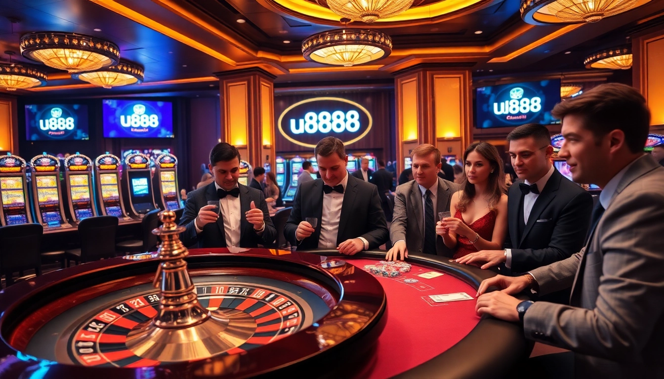 Engaging scene of u888 casino excitement with roulette, poker table, and slot machines.