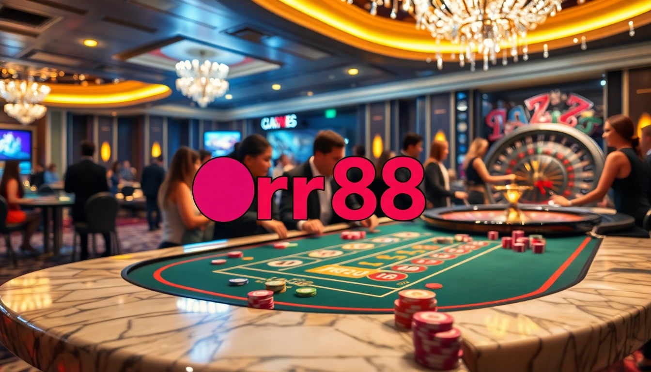 Engaging scene at rr88 casino with players at a blackjack table and roulette wheel.