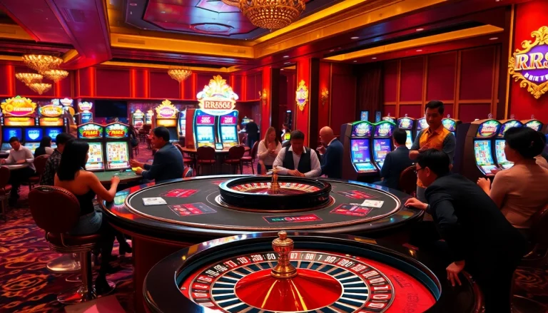 Experience thrilling gaming at RR88 with vibrant slot machines and a roulette wheel.