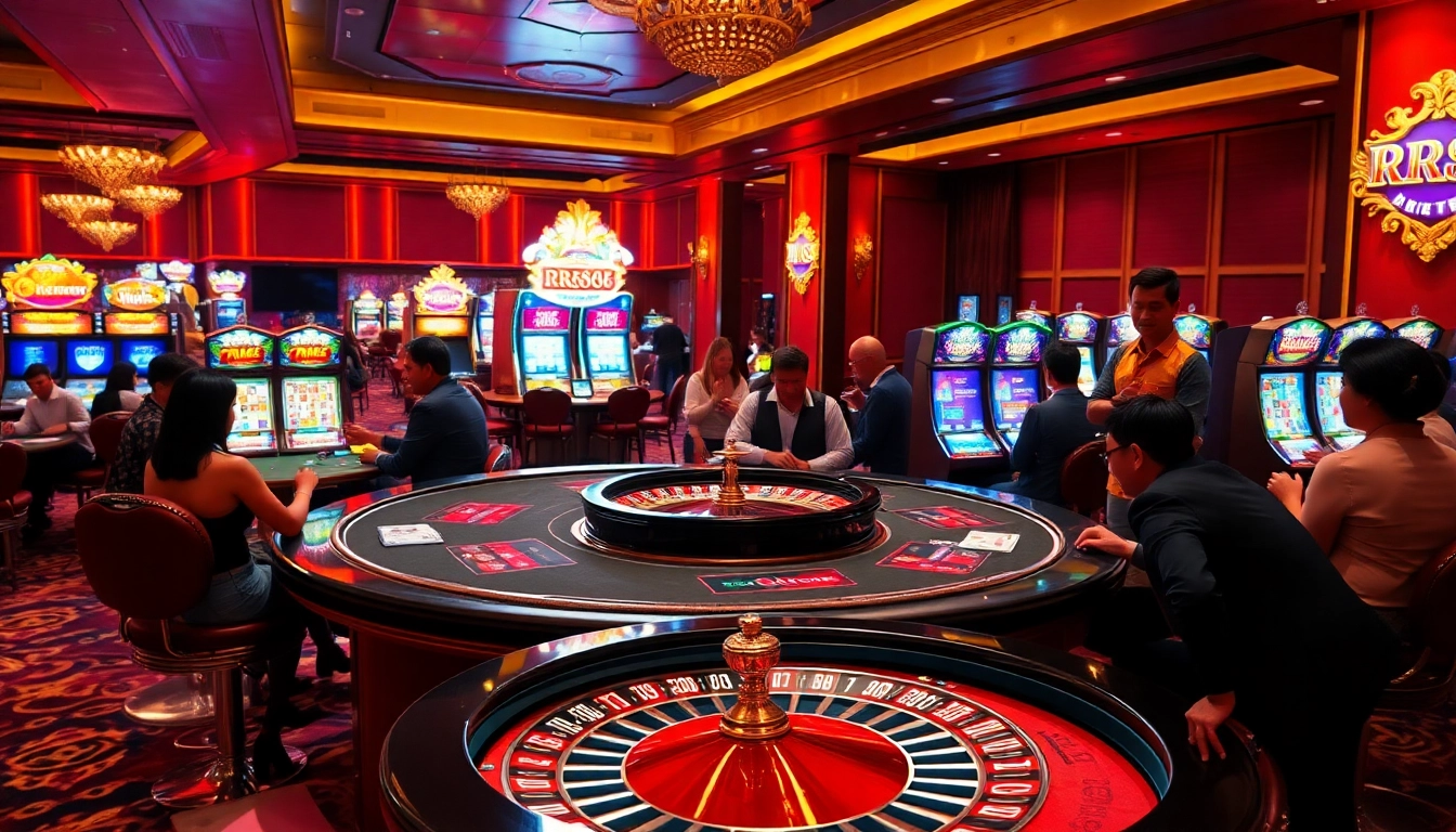 Experience thrilling gaming at RR88 with vibrant slot machines and a roulette wheel.