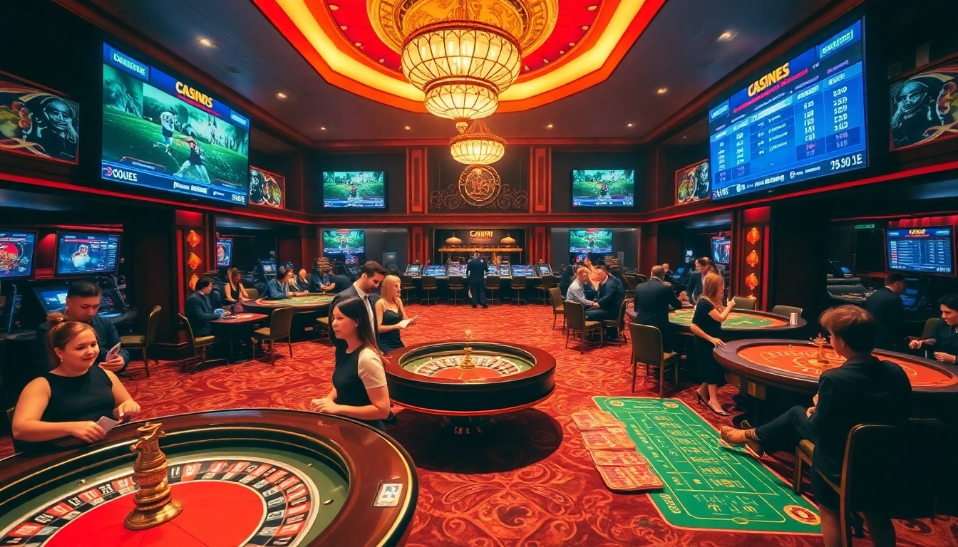 Live scores of ผลบอลสด enhancing the excitement in a luxurious casino atmosphere.