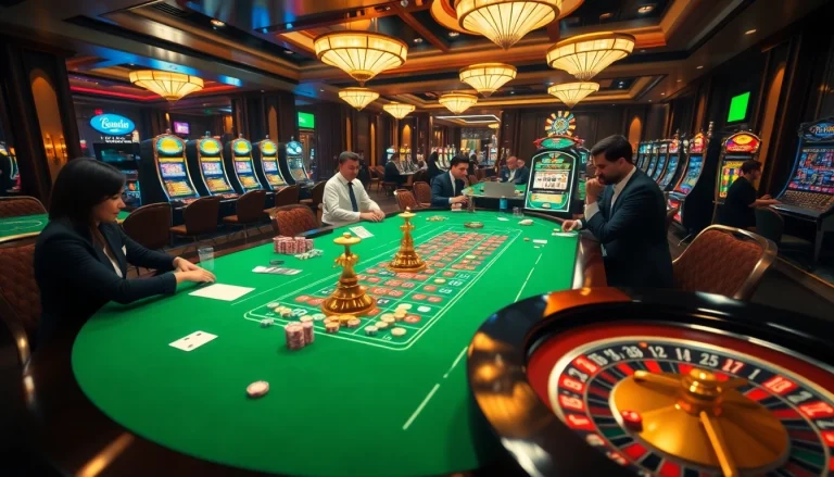 Experience the thrill of gambling at https://789b.one/ with an elegant casino scene of roulette and vibrant slot machines.