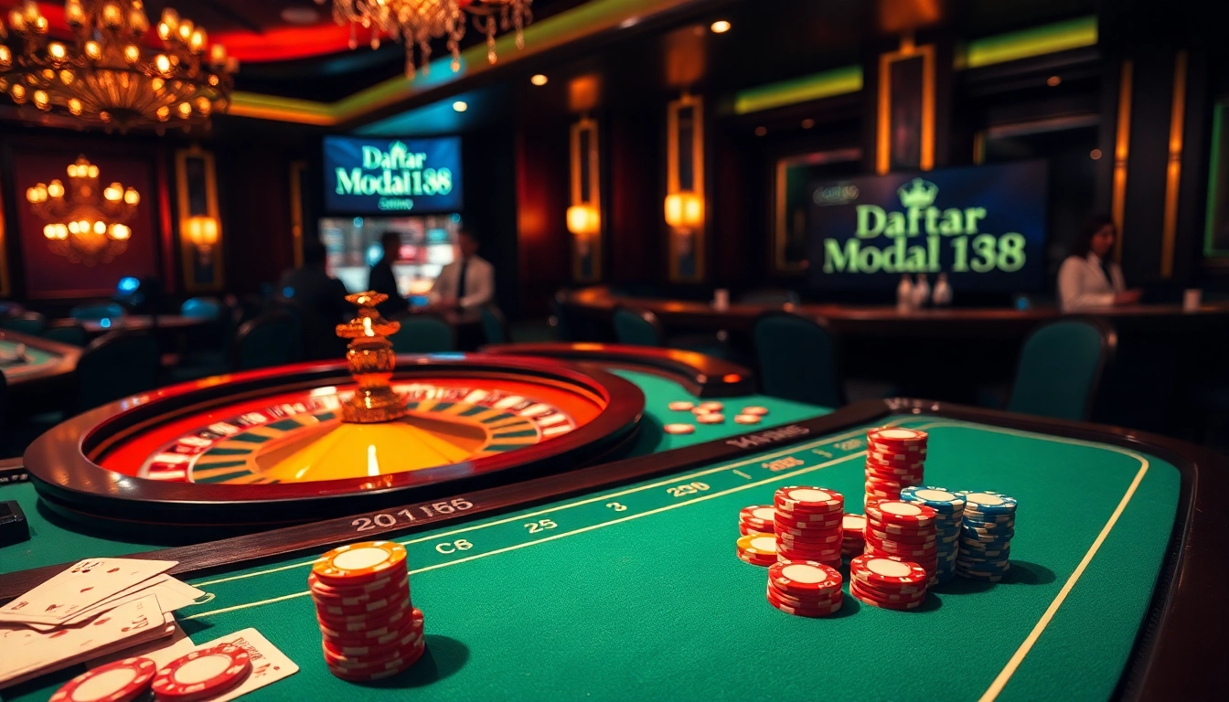 Engage with Daftar Modal138 as patrons enjoy table games in a luxurious casino atmosphere.