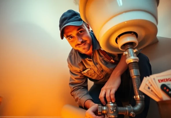 Emergency plumbers on holidays or weekends fixing a burst pipe in a New York City apartment, showcasing professionalism and urgency.