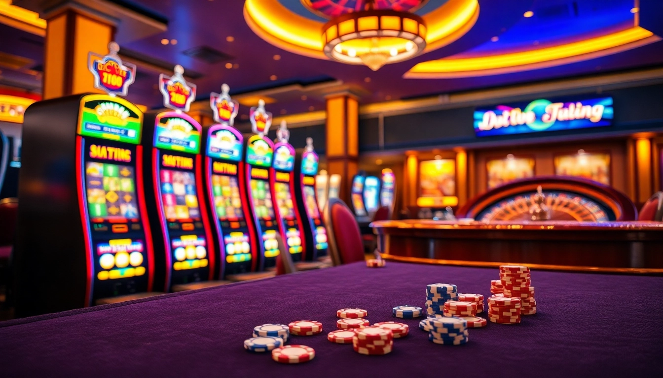 Engage with the captivating pg slot demo at a stylish casino landscape filled with vibrant machines.